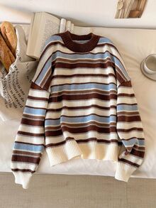 Story & Sage Vintage Brown & Blue Striped Drop Shoulder Crew Neck Sweater Casual Striped Knit Top For Women Fall/Winter Casual Daily Going Out Knit Top For Women - Multicolor - View 3
