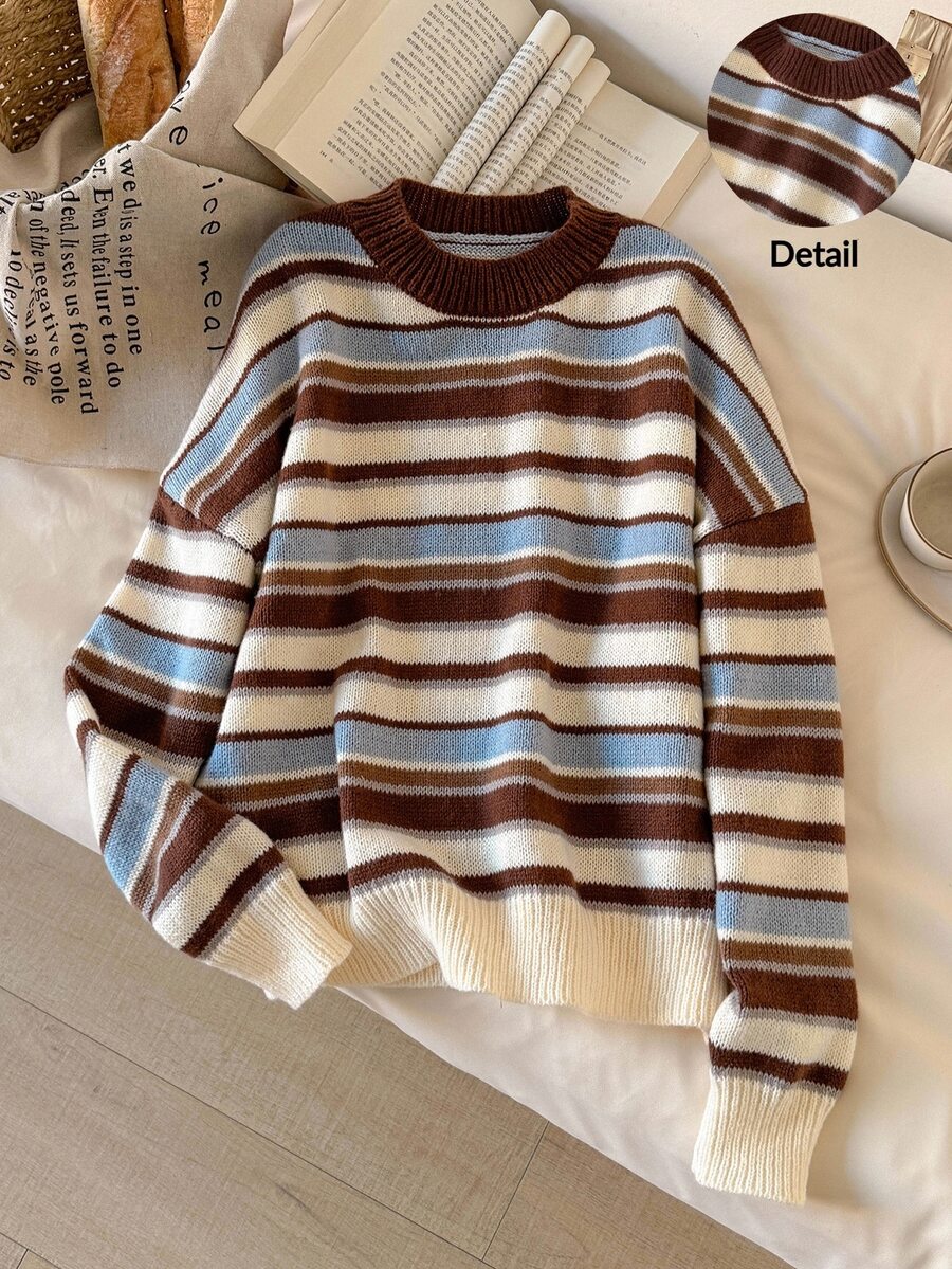 Story & Sage Vintage Brown & Blue Striped Drop Shoulder Crew Neck Sweater Casual Striped Knit Top For Women Fall/Winter Casual Daily Going Out Knit Top For Women - Multicolor - View 1