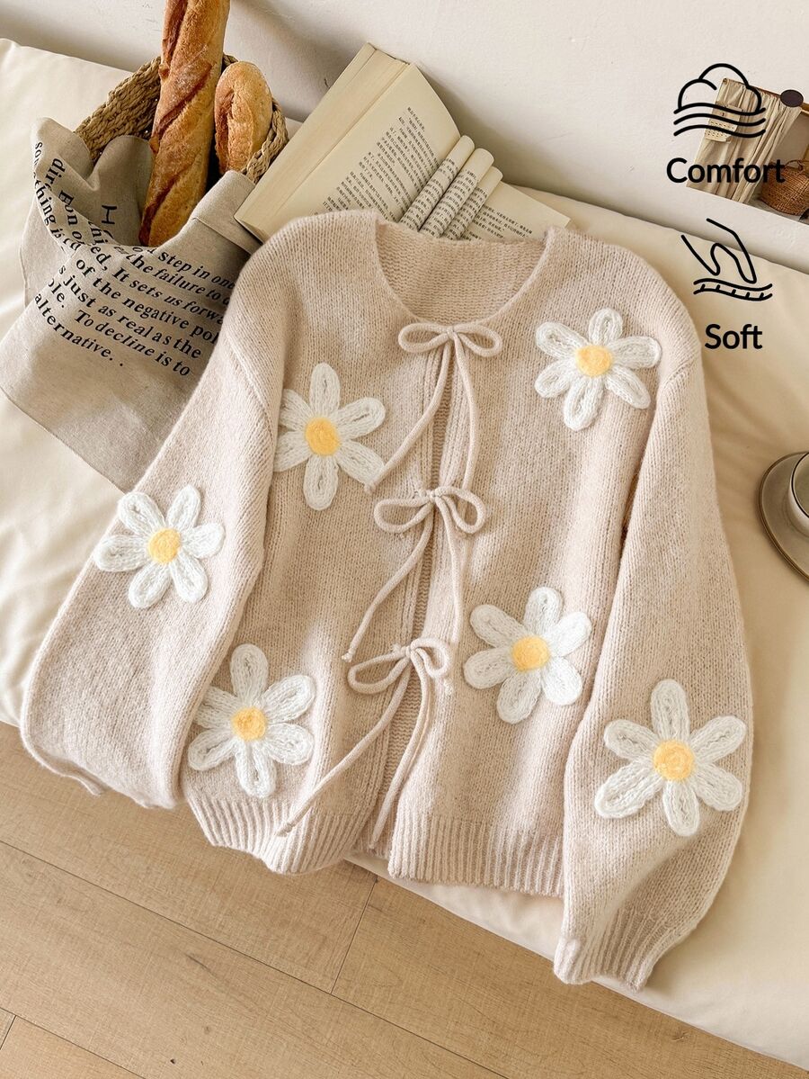Story & Sage Women's Sweet 3D Embroidered Decor Tie-Front Knit Cardigan Elegant Casual Cardigan For Women Fall/Winter Casual Office Business Work Cardigan Women - Multicolor - View 1