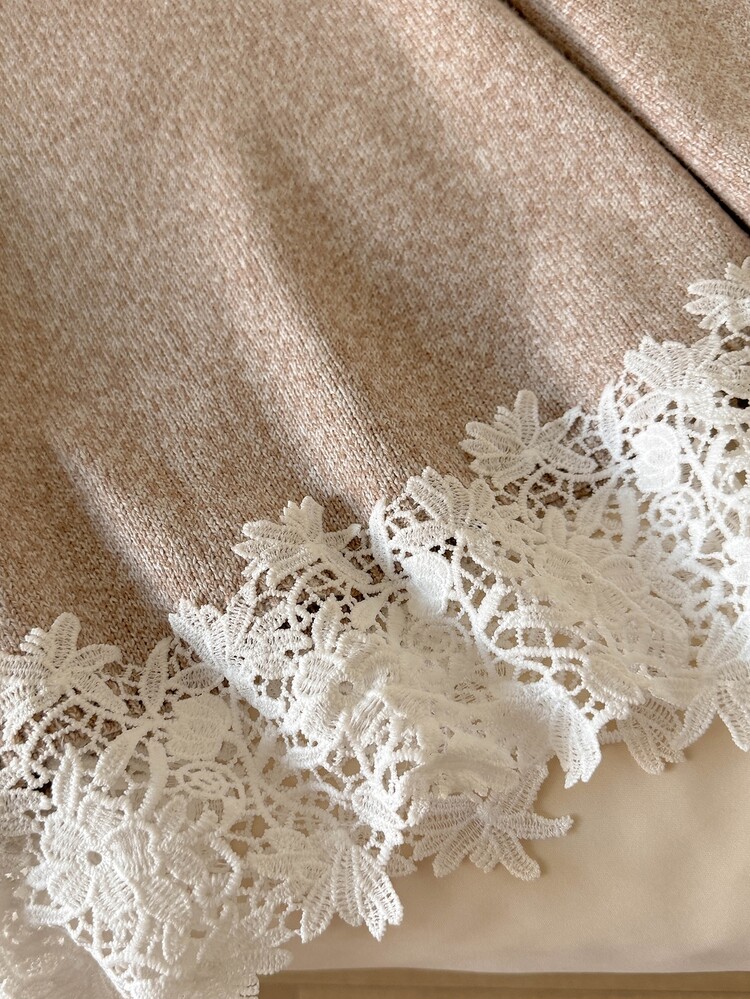 Story & Sage Gentle French Lace Patchwork Round Neck Long Sleeve Sweater Casual Elegant Going Out Tea Party For Women Autumn Daily Brunch Outfits White - Camel - View 3