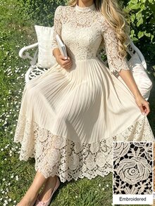 Modelyn Yellow Eyelet Embroidery Patchwork Maxi Long Sleeve Dress For Women - Apricot - View 3