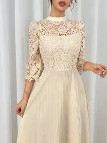Modelyn Yellow Eyelet Embroidery Patchwork Maxi Long Sleeve Dress For Women - Apricot - View 8