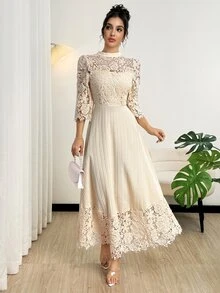 Modelyn Yellow Eyelet Embroidery Patchwork Maxi Long Sleeve Dress For Women - Apricot - View 9