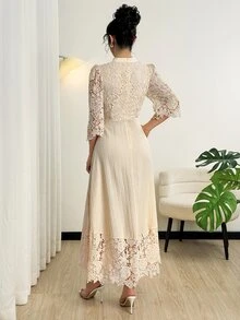Modelyn Yellow Eyelet Embroidery Patchwork Maxi Long Sleeve Dress For Women - Apricot - View 7