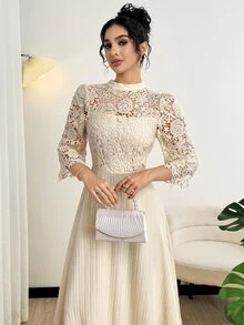 Modelyn Yellow Eyelet Embroidery Patchwork Maxi Long Sleeve Dress For Women - Apricot - View 2