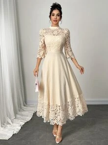Modelyn Yellow Eyelet Embroidery Patchwork Maxi Long Sleeve Dress For Women - Apricot - View 5