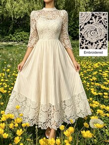 Modelyn Yellow Eyelet Embroidery Patchwork Maxi Long Sleeve Dress For Women - Apricot - View 4