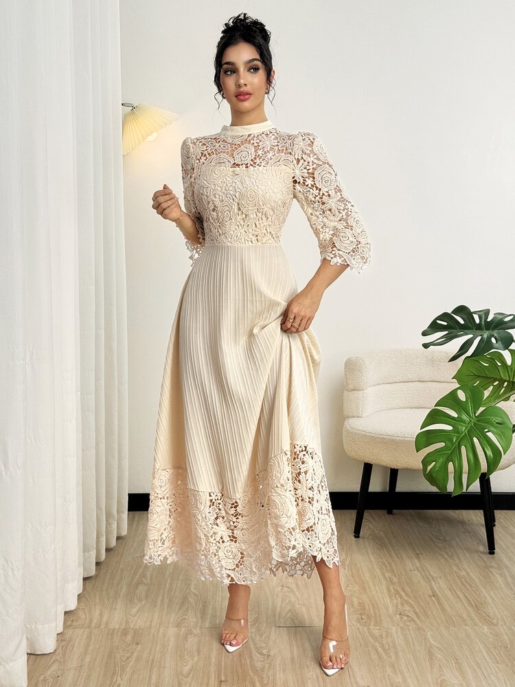 Modelyn Yellow Eyelet Embroidery Patchwork Maxi Long Sleeve Dress For Women - Apricot - View 6
