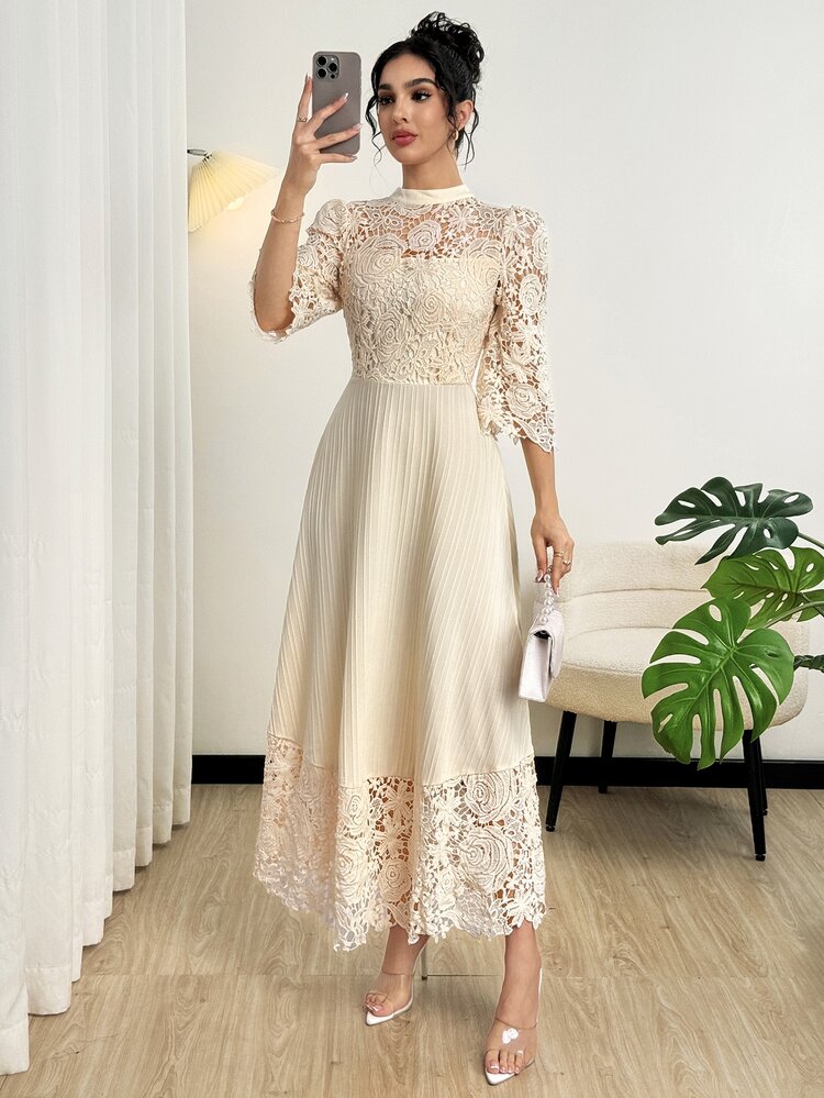 Modelyn Yellow Eyelet Embroidery Patchwork Maxi Long Sleeve Dress For Women - Apricot - View 1