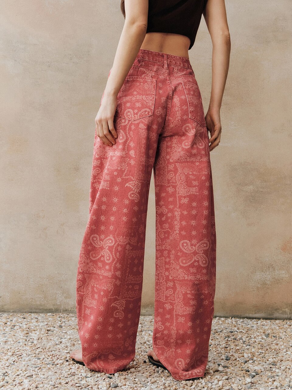 Anewsta Women's Red Printed Baggy Wide Leg Jeans Relaxed Fit Denim Pants