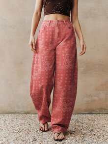 Anewsta 女士时尚、优雅、浪漫派对及休闲度假红色波西米亚印花牛仔裤 - 紅色 - 查看 5