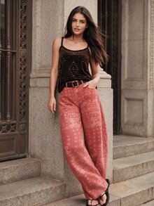 Anewsta 女士时尚、优雅、浪漫派对及休闲度假红色波西米亚印花牛仔裤 - 紅色 - 查看 2