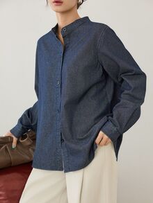 Dazy-Less Women's Medium Wash Blue Denim Shirt, Loose Fit, Long Sleeve, Button-Up, Turn-Down Collar, Pocket Decor, Autumn - Medium Wash - View 2