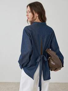 Dazy-Less Women's Medium Wash Blue Denim Shirt, Loose Fit, Long Sleeve, Button-Up, Turn-Down Collar, Pocket Decor, Autumn - Medium Wash - View 1