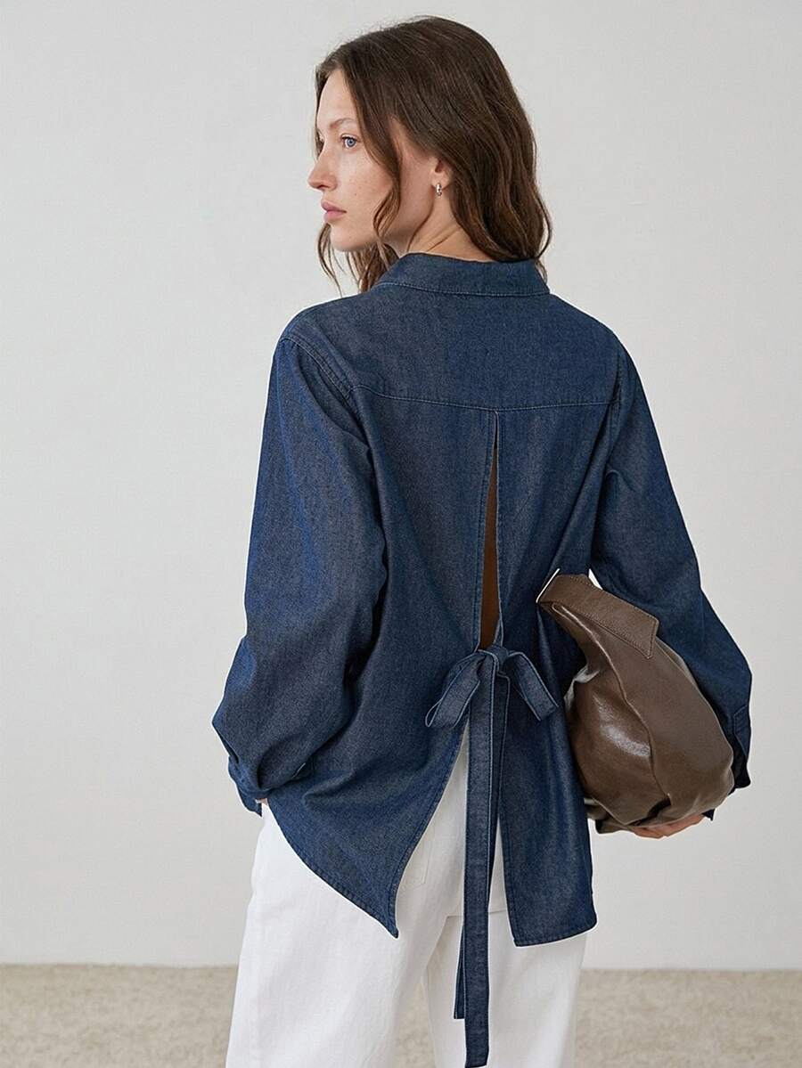 Dazy-Less Women's Medium Wash Blue Denim Shirt, Loose Fit, Long Sleeve, Button-Up, Turn-Down Collar, Pocket Decor, Autumn - Medium Wash - View 1