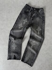 Kids Tween Boy Y2k Loose And Comfortable Street-Style Distressed And Rhinestone-Embroidered Jeans - Black - View 6