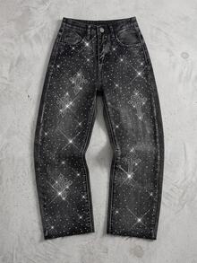 Kids Tween Boy Y2k Loose And Comfortable Street-Style Distressed And Rhinestone-Embroidered Jeans - Black - View 1