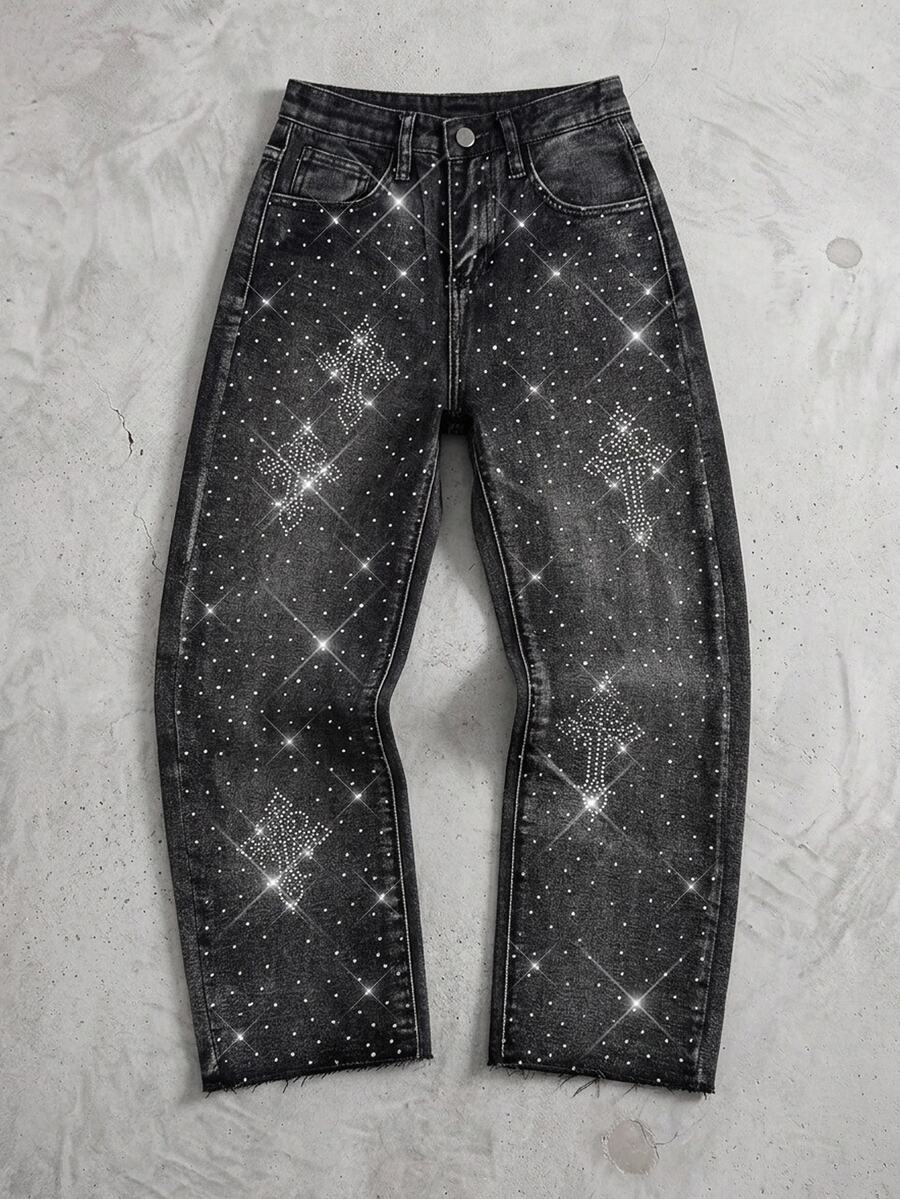 Kids Tween Boy Y2k Loose And Comfortable Street-Style Distressed And Rhinestone-Embroidered Jeans - Black - View 1