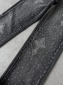 Kids Tween Boy Y2k Loose And Comfortable Street-Style Distressed And Rhinestone-Embroidered Jeans - Black - View 4