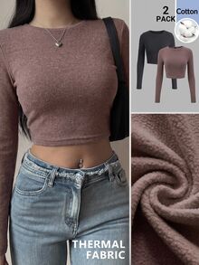 SHEIN BASICS Áo thun giữ nhiệt dáng ngắn tay dài cổ tròn màu trơn cho nữ (set 2 cái) - Nhiều màu - Xem 1
