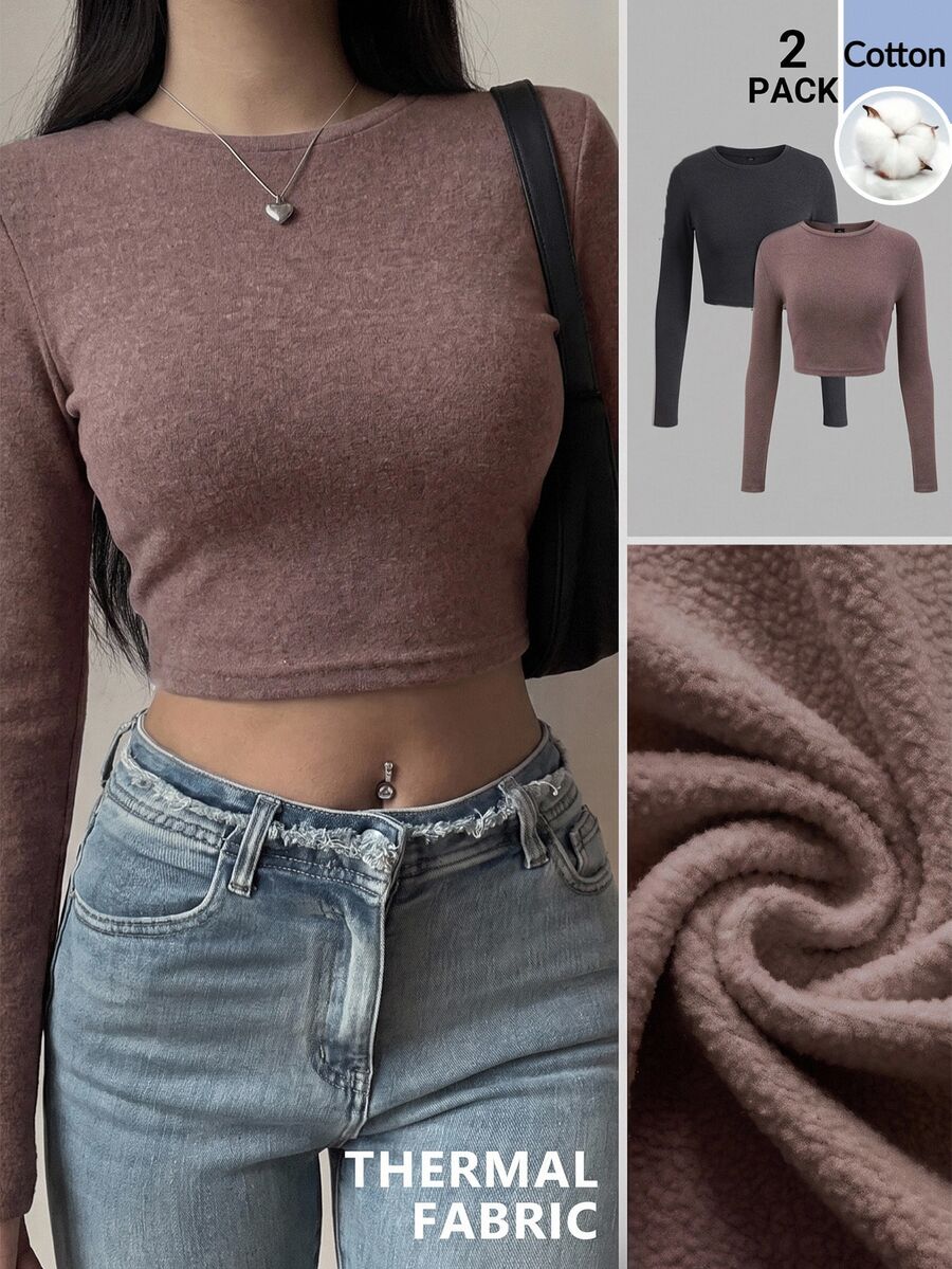 SHEIN BASICS Áo thun giữ nhiệt dáng ngắn tay dài cổ tròn màu trơn cho nữ (set 2 cái) - Nhiều màu - Xem 1