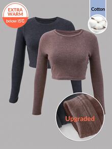 SHEIN BASICS Áo thun giữ nhiệt dáng ngắn tay dài cổ tròn màu trơn cho nữ (set 2 cái) - Nhiều màu - Xem 2