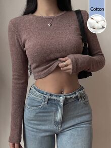SHEIN BASICS Áo thun giữ nhiệt dáng ngắn tay dài cổ tròn màu trơn cho nữ (set 2 cái) - Nhiều màu - Xem 3