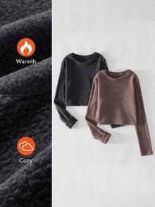 SHEIN BASICS Áo thun giữ nhiệt dáng ngắn tay dài cổ tròn màu trơn cho nữ (set 2 cái) - Nhiều màu - Xem 8