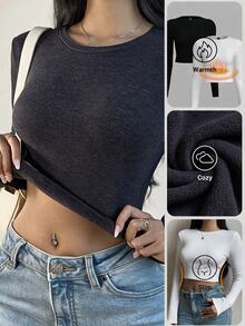 SHEIN BASICS Áo thun giữ nhiệt dáng ngắn tay dài cổ tròn màu trơn cho nữ (set 2 cái) - Nhiều màu - Xem 9
