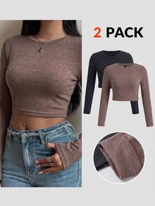 SHEIN BASICS Áo thun giữ nhiệt dáng ngắn tay dài cổ tròn màu trơn cho nữ (set 2 cái) - Nhiều màu - Xem 10