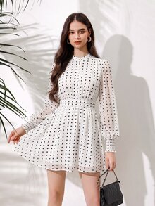 BELROSIE 女款全印花燈籠袖洋裝 度假穿搭 早午餐茶會 白色與黑色波點 秋季法式復古風 - 白色 - 查看 4