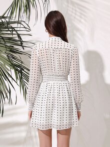 BELROSIE 女款全印花燈籠袖洋裝 度假穿搭 早午餐茶會 白色與黑色波點 秋季法式復古風 - 白色 - 查看 2