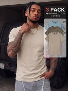 GETOML 3pcs Men Plus Size Solid Color Round Neck Casual Everyday Short Sleeve T-Shirts, Vacation, Father's Day Gifts, Football - Multicolor - View 1