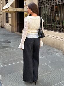 Siren Gaze Women's Solid Color Elegant V-Neck Ruffle Textured Chiffon Blouse, Autumn/Winter - Apricot - View 2