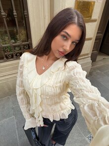 Siren Gaze Women's Solid Color Elegant V-Neck Ruffle Textured Chiffon Blouse, Autumn/Winter - Apricot - View 7