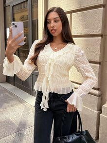 Siren Gaze Women's Solid Color Elegant V-Neck Ruffle Textured Chiffon Blouse, Autumn/Winter - Apricot - View 10