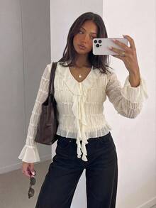 Siren Gaze Women's Solid Color Elegant V-Neck Ruffle Textured Chiffon Blouse, Autumn/Winter - Apricot - View 3