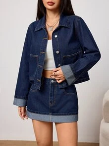 SHEIN PETITE 秋季女款通勤休閒街頭風優雅水洗牛仔夾克與迷你裙牛仔套裝，小碼日常深藍色 - 深色水洗藍 - 查看 2