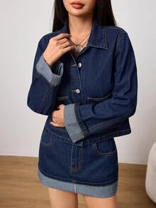 SHEIN PETITE 秋季女款通勤休閒街頭風優雅水洗牛仔夾克與迷你裙牛仔套裝，小碼日常深藍色 - 深色水洗藍 - 查看 4