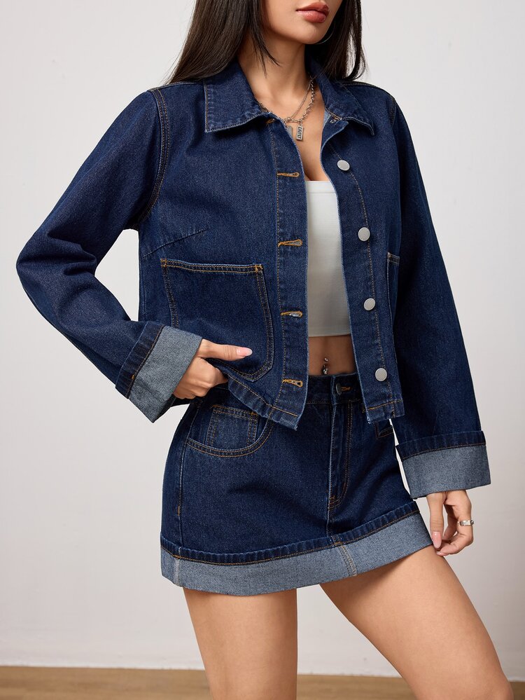 SHEIN PETITE 秋季女款通勤休閒街頭風優雅水洗牛仔夾克與迷你裙牛仔套裝，小碼日常深藍色 - 深色水洗藍 - 查看 3