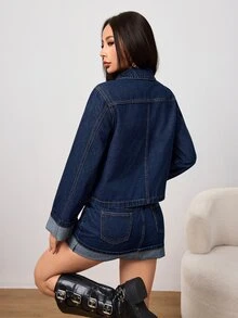 SHEIN PETITE 秋季女款通勤休閒街頭風優雅水洗牛仔夾克與迷你裙牛仔套裝，小碼日常深藍色 - 深色水洗藍 - 查看 7