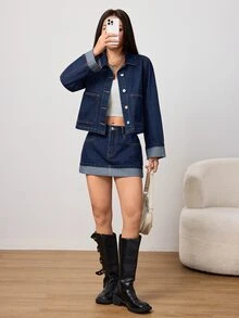 SHEIN PETITE 秋季女款通勤休閒街頭風優雅水洗牛仔夾克與迷你裙牛仔套裝，小碼日常深藍色 - 深色水洗藍 - 查看 6