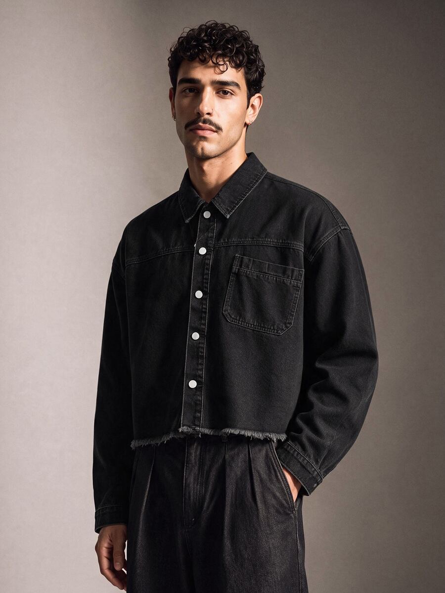 FeverCity Men's Washed Black Loose Fit Fashion Long Sleeve Top - Black - View 1
