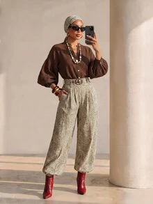 Structelle Women's Minimalist Textured Lantern Sleeve Blouse, Vintage Brown Stand Collar Top - Brown - View 5