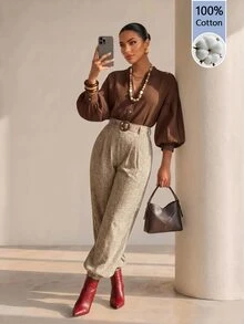 Structelle Women's Minimalist Textured Lantern Sleeve Blouse, Vintage Brown Stand Collar Top - Brown - View 2