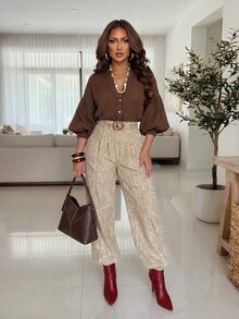 Structelle Women's Minimalist Textured Lantern Sleeve Blouse, Vintage Brown Stand Collar Top - Brown - View 4