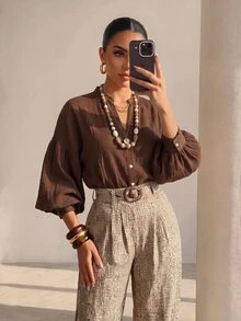Structelle Women's Minimalist Textured Lantern Sleeve Blouse, Vintage Brown Stand Collar Top - Brown - View 6