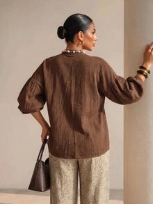 Structelle Women's Minimalist Textured Lantern Sleeve Blouse, Vintage Brown Stand Collar Top - Brown - View 3