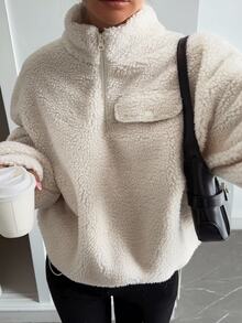 Livesso Women's Autumn High Neck Half-Zip Hem Sweatshirt,Fall Women Clothes School Lounge Travel Cream White Minimalist Casual - Apricot - View 2