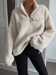 Livesso Women's Autumn High Neck Half-Zip Hem Sweatshirt,Fall Women Clothes School Lounge Travel Cream White Minimalist Casual - Apricot - View 5